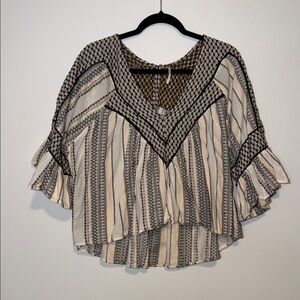 Free People Black and Cream Patterned Blouse